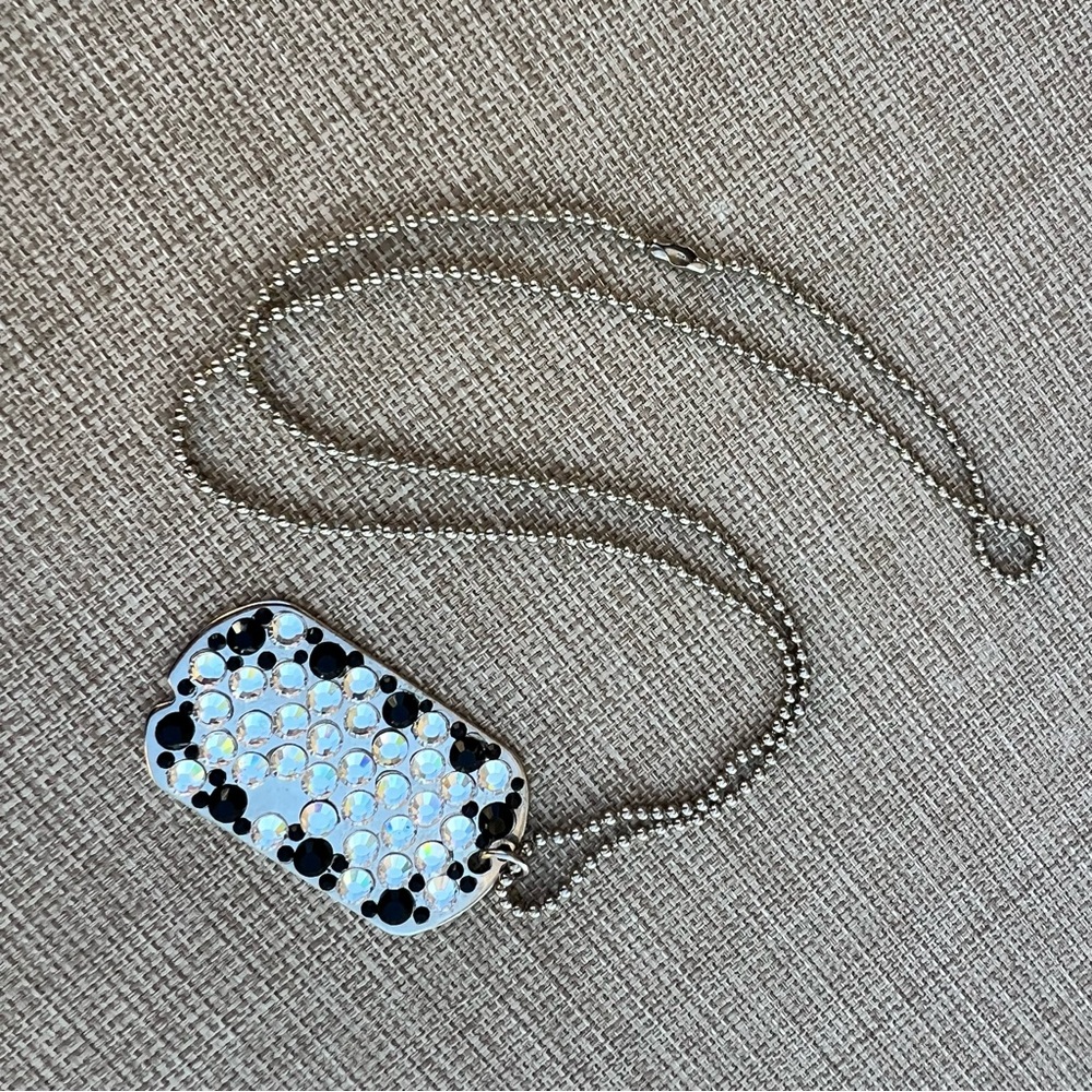 Vintage Handmade Rhinestone Crystal Embellished Dog Tag Necklace 23” Chain Black